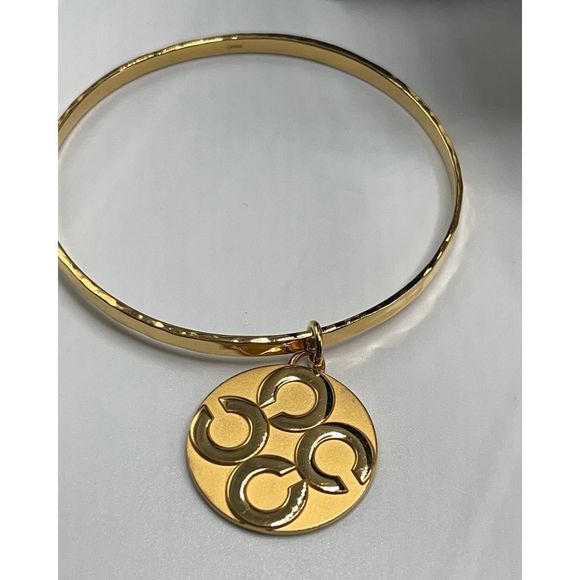 COACH Gold Bangle Bracelet  Logo Signature Disc Charm - Picture 3 of 7